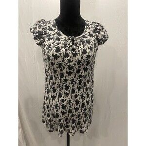 Banana Republic Blouse Top Black White Floral Print Silk V-Neck Size XS